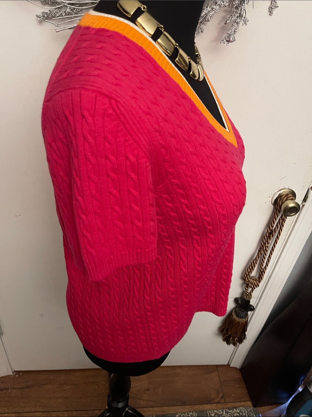 Tommy Hilfiger V-Neck Cable Knit Sweater in Hot Pink with Orange & White Trim - Picture 4 of 6